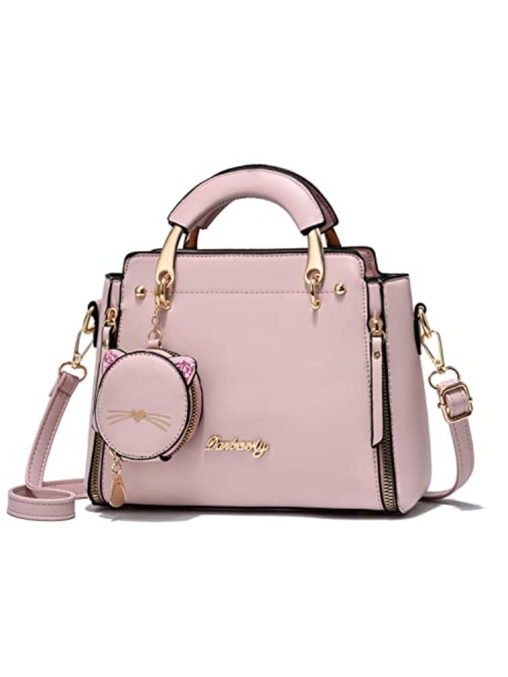 Satin Handbag with Kitten Pendant – Convertible Shoulder Crossbody Tote